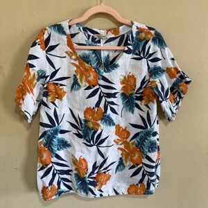 Alessia Pacini Italy Floral Linen Top Orange Teal Tropical Ruffle Sleeve Medium